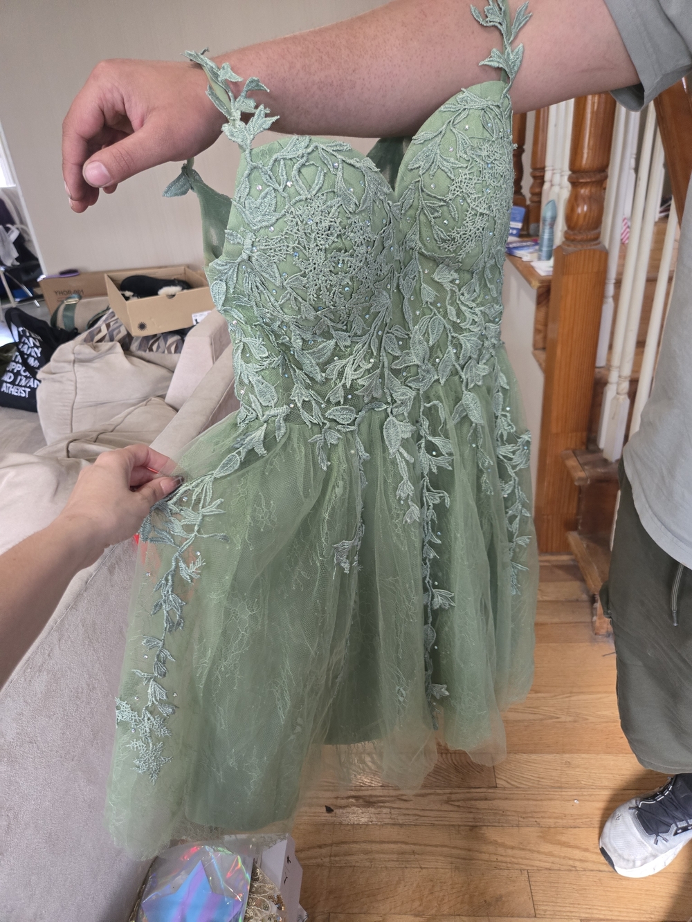 Girls' Sage Green Embroidered Tulle Dress